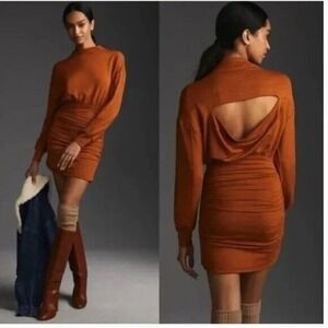 Anthropologie Daily Practice Ruched Cozy Dress Size XS Brown Open Back
